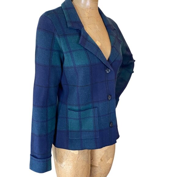 Tahari Jacket Cardigan Knit Blazer Plaid Sz M Blue & Green #178E - Picture 2 of 7